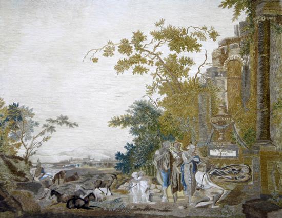 A 19th century needlework picture after Nicholas Poussin, et in arcadia ego, 2ft 10in. x 2ft 5in.